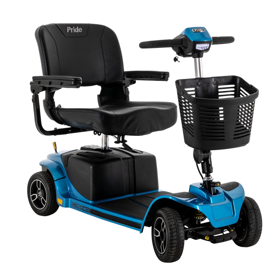 The Pride Mobility Revo® 2.0 4-Wheel Scooter features a blue frame, black cushioned seat with armrests, front basket, and handlebar control panel—all branded with Pride.